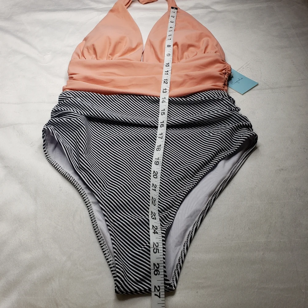 Cupshe Swimsuit One Piece Peach Black White Pinstripe Women's Medium 6/8 NWT